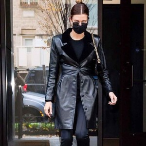 HAILEY BIEBER BLACK LEATHER TRENCH COAT